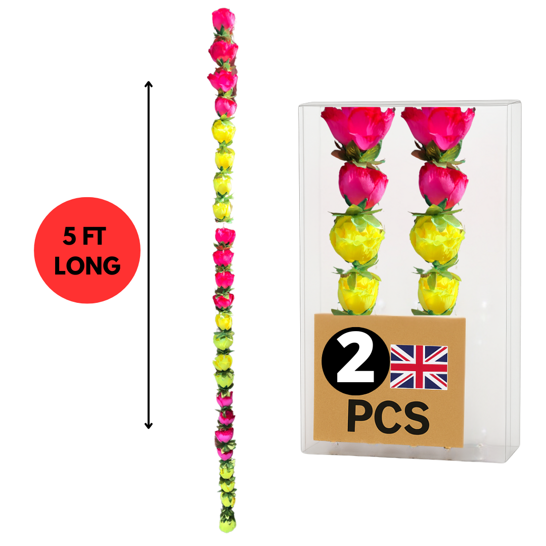 Hot Pink & Yellow Artificial Rose Flower Garlands R009 – 2 Pack (5ft) | Indian & Pakistani Wedding, Haldi, Mehndi, Dholki, Sangeet & Festival Hanging Décor