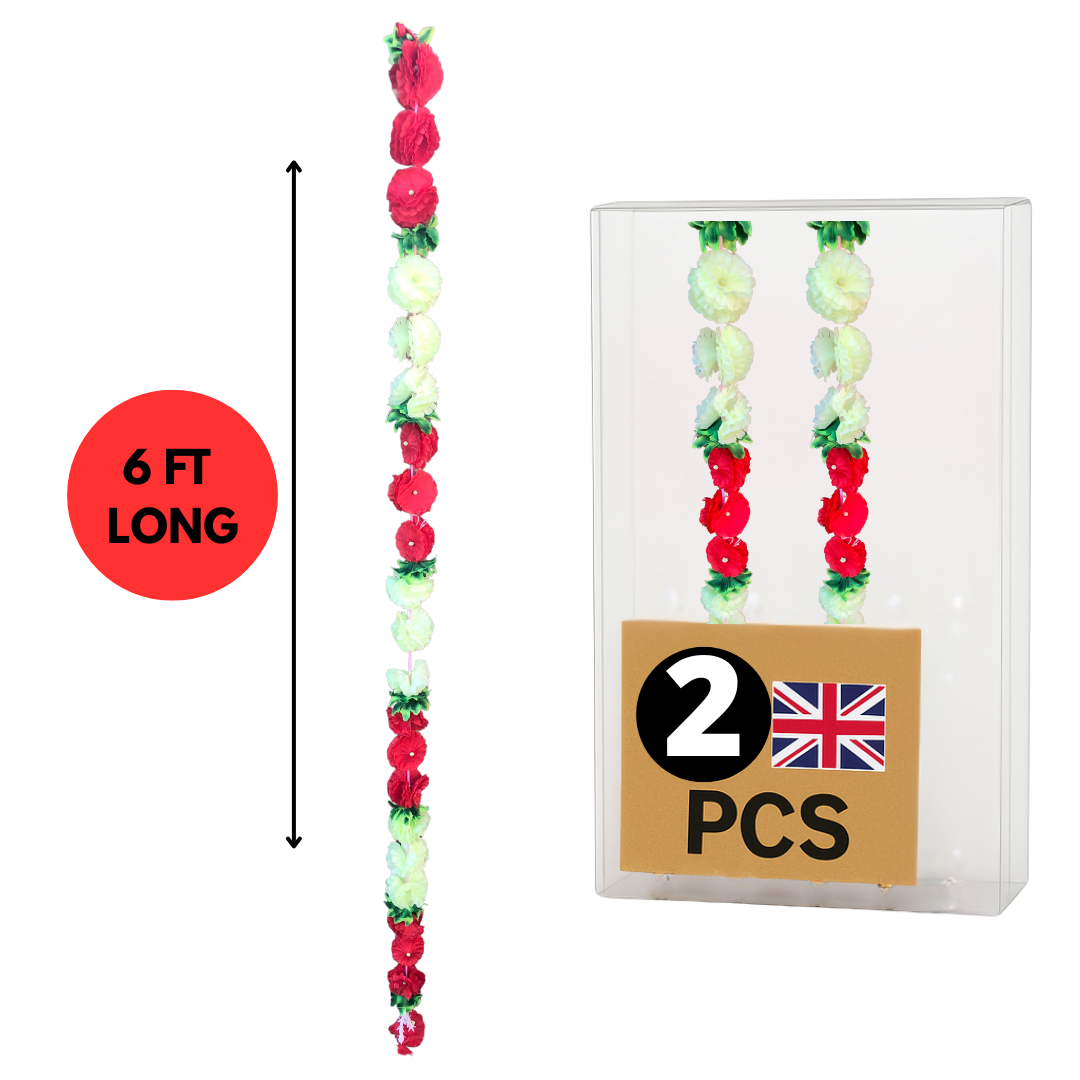 Light Lime & Red Fluffy Artificial Flowers Deluxe Garlands MX007 – 2 Pack (6ft) | Indian & Pakistani Wedding, Haldi, Mehndi, Dholki, Sangeet & Festival Hanging Décor