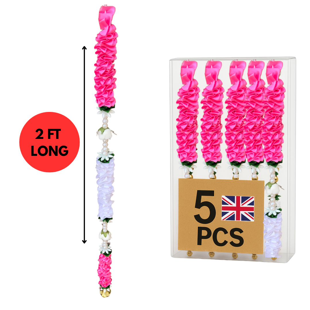 Pink Satin Ribbon Garland TSP5 - Small Artificial Garlands - 5 Pack (2ft) | Indian & Pakistani Wedding, Haldi, Mehndi, Dholki, Sangeet & Festival Hanging Décor