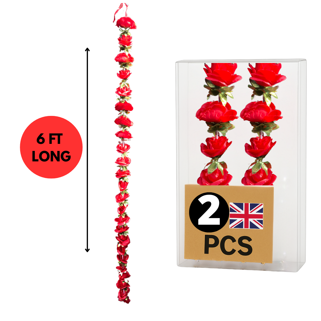 Plain Red Artificial Rose Flower Garlands R010 – 2 Pack (6ft) | Indian & Pakistani Wedding, Haldi, Mehndi, Dholki, Sangeet & Festival Hanging Décor