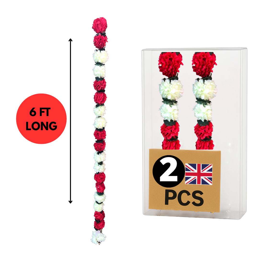 Red & Off-White Artificial Flowers Deluxe Garlands MX001 – 2 Pack (6ft) | Indian & Pakistani Wedding, Haldi, Mehndi, Dholki, Sangeet & Festival Hanging Décor