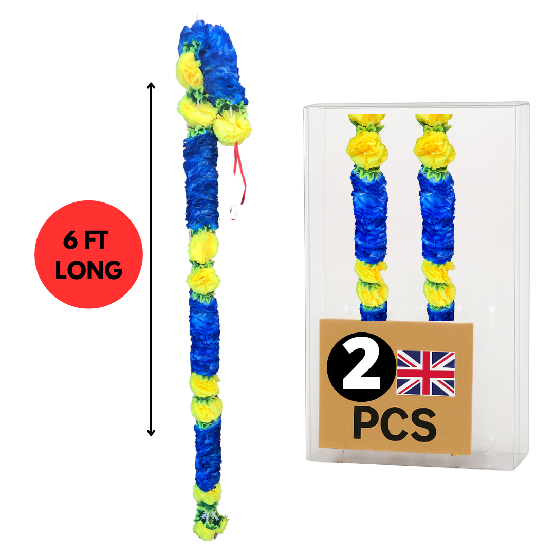 Royal Blue & Yellow Fluffy Artificial Flowers Deluxe Garlands MX008 – 2 Pack (6ft) | Indian & Pakistani Wedding, Haldi, Mehndi, Dholki, Sangeet & Festival Hanging Décor