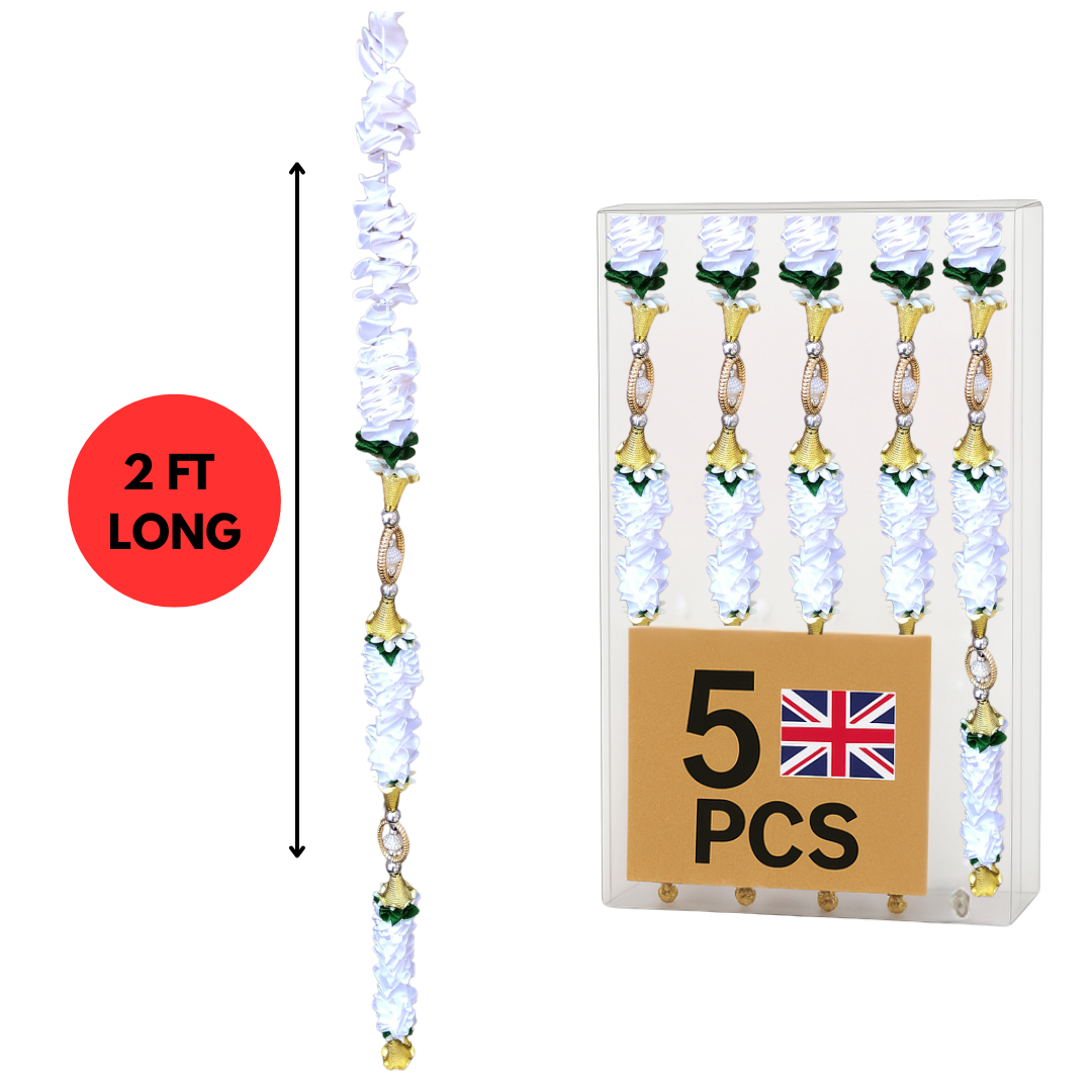 White Satin Ribbon Garland TSW3 - Small Artificial Garlands - 5 Pack (2ft) | Indian & Pakistani Wedding, Haldi, Mehndi, Dholki, Sangeet & Festival Hanging Décor
