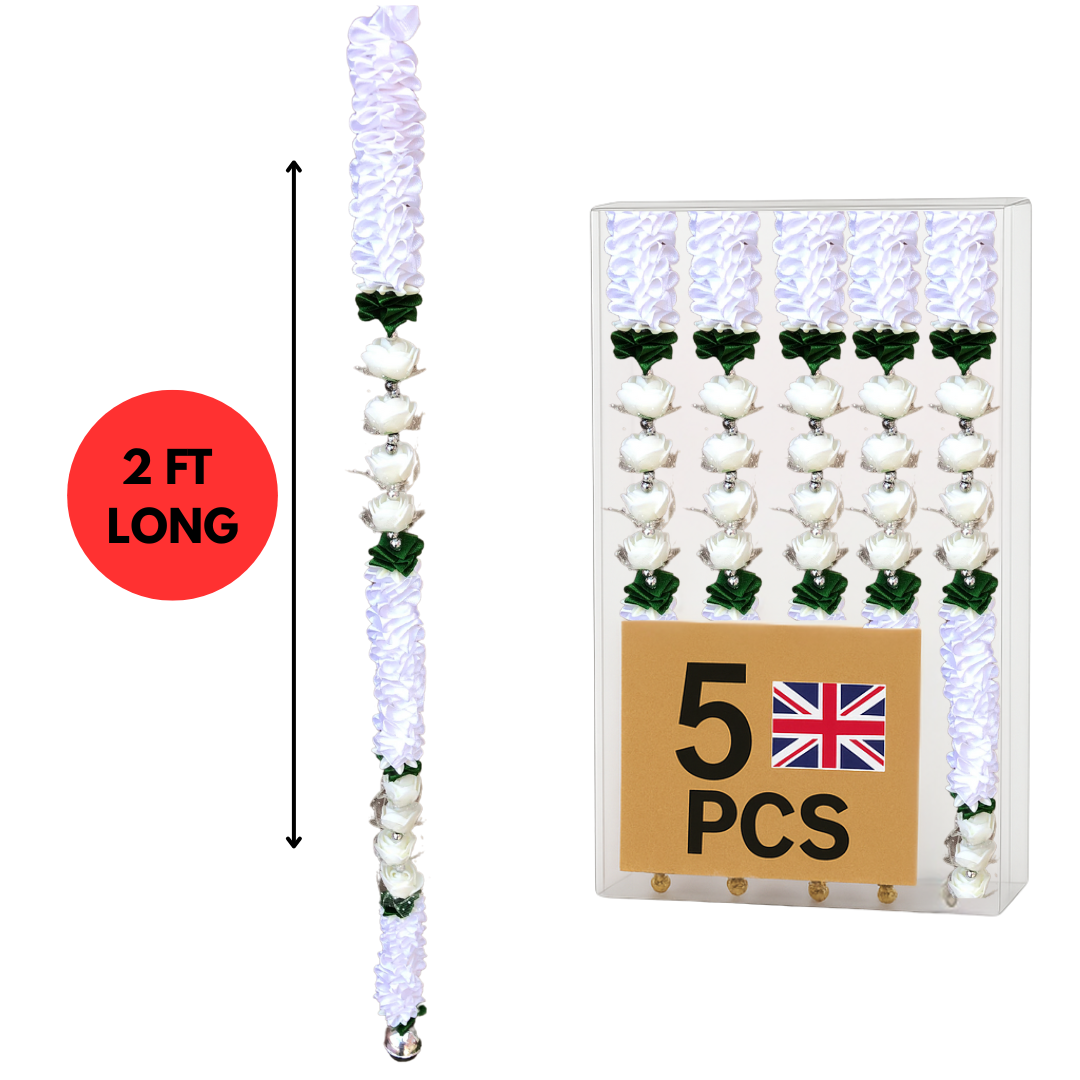 White Satin Ribbon Garland TSW5 - Small Artificial Garlands - 5 Pack (2ft) | Indian & Pakistani Wedding, Haldi, Mehndi, Dholki, Sangeet & Festival Hanging Décor