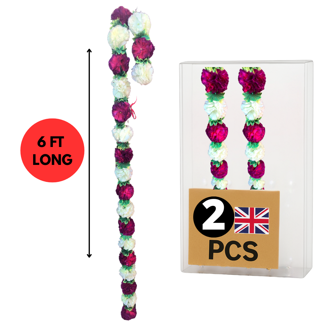 Burgundy & Light Lime Fluffy Artificial Flowers Deluxe Garlands MX013 – 2 Pack (6ft) | Indian & Pakistani Wedding, Haldi, Mehndi, Dholki, Sangeet & Festival Hanging Décor
