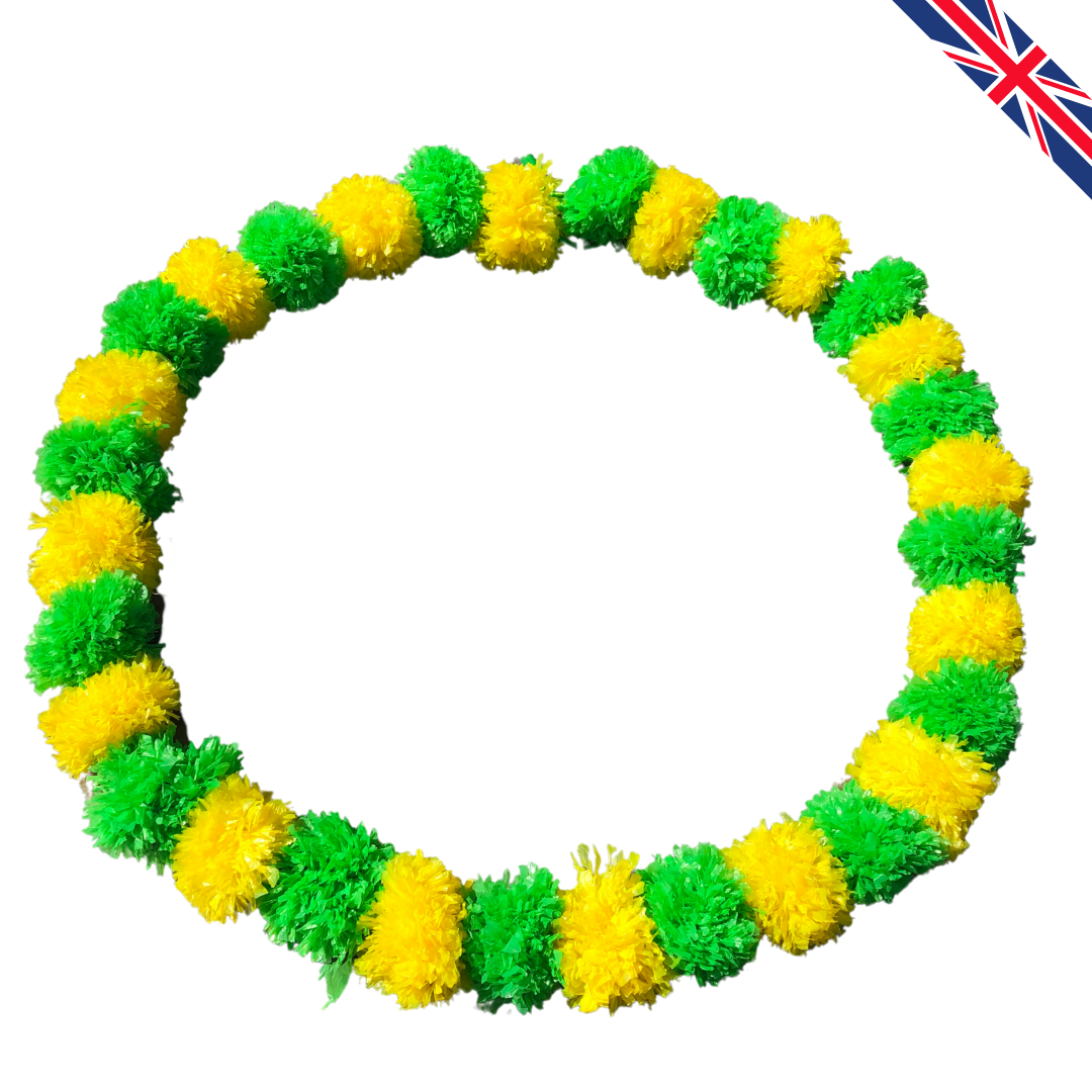 Green & Yellow Artificial Marigold Flower Garlands – 5 Pack (5ft) | Dual Colour Indian & Pakistani Wedding, Haldi, Mehndi, Dholki, Sangeet & Festival Hanging Décor
