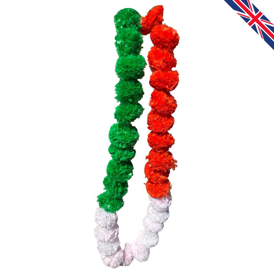 Orange & White and Green Artificial Marigold Flower Garlands – 5 Pack (5ft) | Triple Colour Indian & Pakistani Wedding, Haldi, Mehndi, Dholki, Sangeet & Festival Hanging Décor