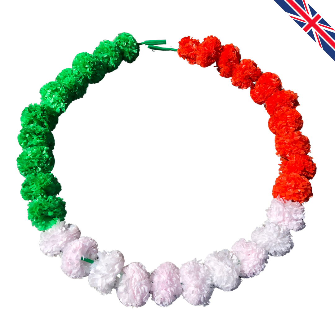 Orange & White and Green Artificial Marigold Flower Garlands – 5 Pack (5ft) | Triple Colour Indian & Pakistani Wedding, Haldi, Mehndi, Dholki, Sangeet & Festival Hanging Décor