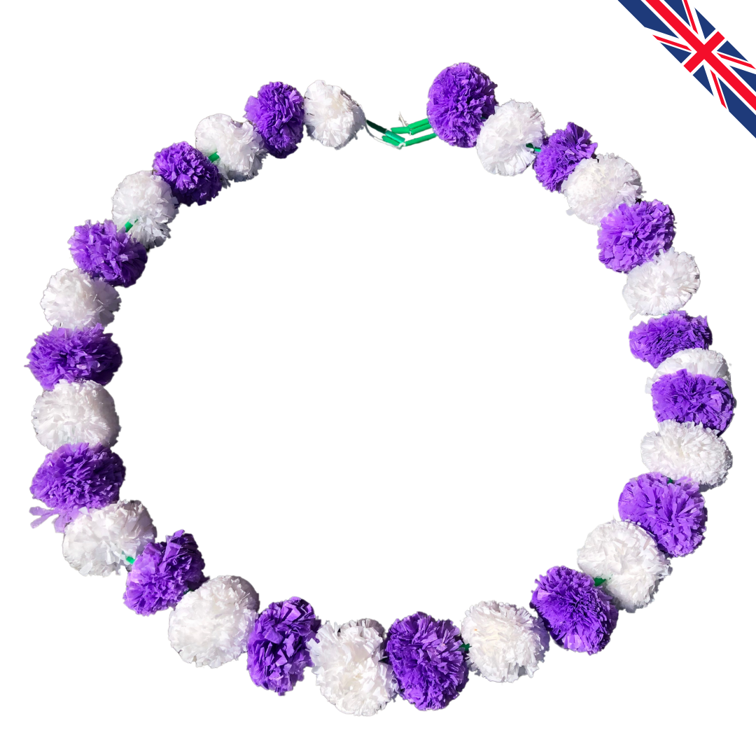 Purple & White Artificial Marigold Flower Garlands – 5 Pack (5ft) | Dual Colour Indian & Pakistani Wedding, Haldi, Mehndi, Dholki, Sangeet & Festival Hanging Décor