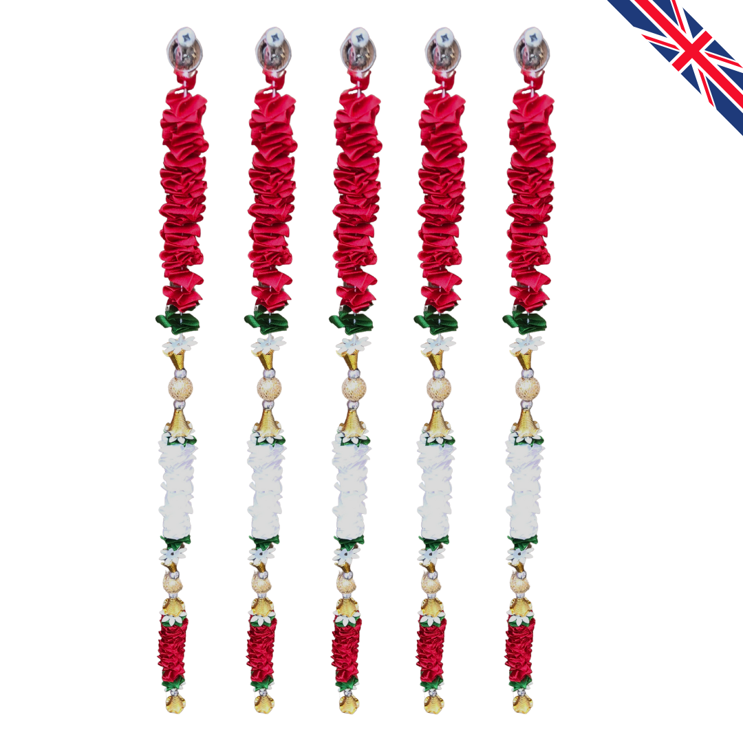 Red & White Satin Ribbon Garland TSRW2 - Small Artificial Garlands - 5 Pack (2ft) | Indian & Pakistani Wedding, Haldi, Mehndi, Dholki, Sangeet & Festival Hanging Décor