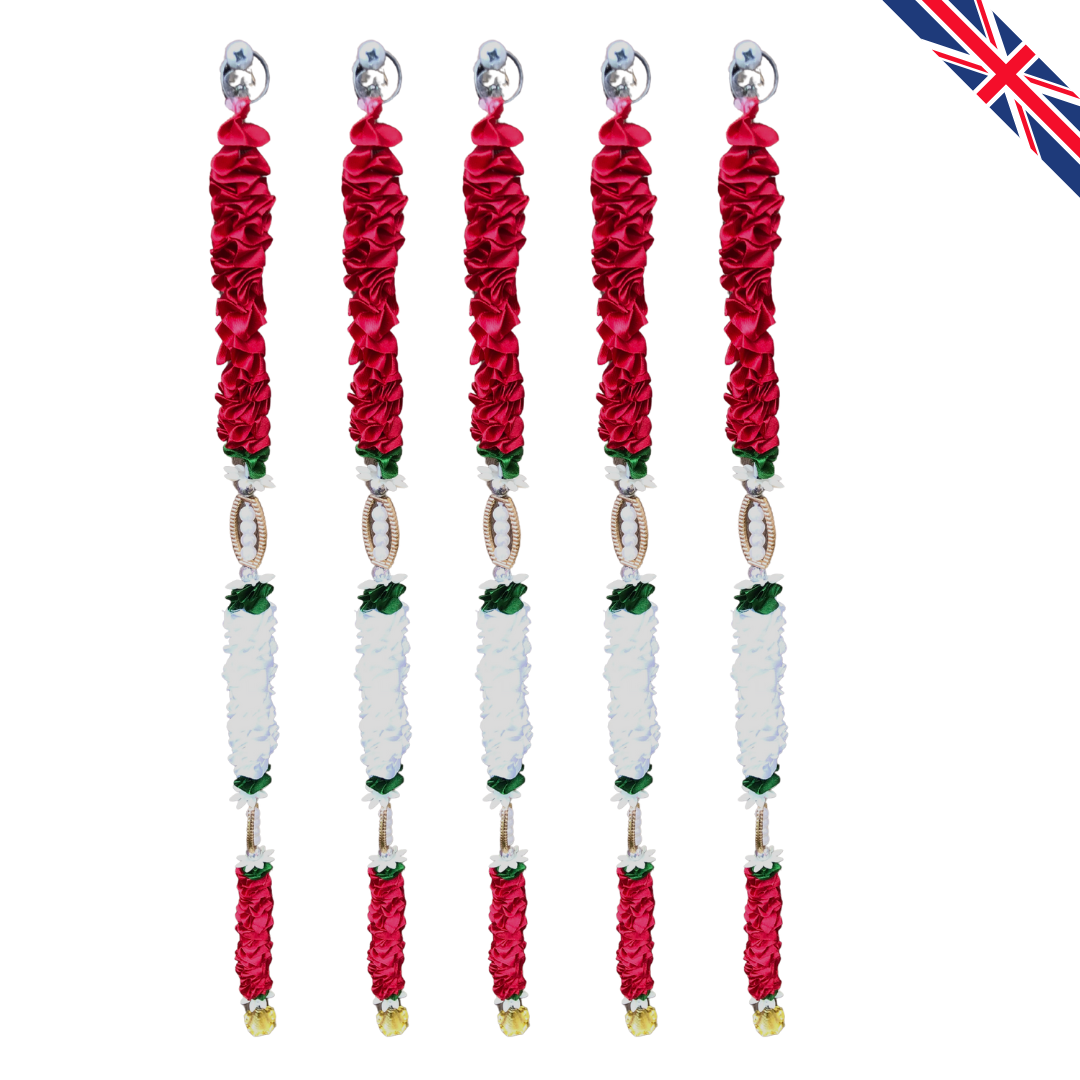 Red & White Satin Ribbon Garland TSRW3 - Small Artificial Garlands - 5 Pack (2ft) | Indian & Pakistani Wedding, Haldi, Mehndi, Dholki, Sangeet & Festival Hanging Décor