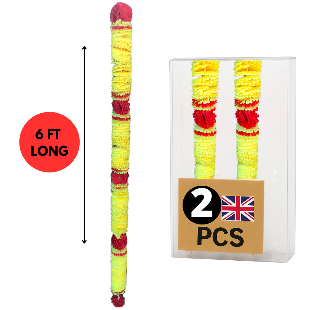 Red & Yellow Artificial Flowers Deluxe Garlands MX020 – 2 Pack (6ft) | Indian & Pakistani Wedding, Haldi, Mehndi, Dholki, Sangeet & Festival Hanging Décor