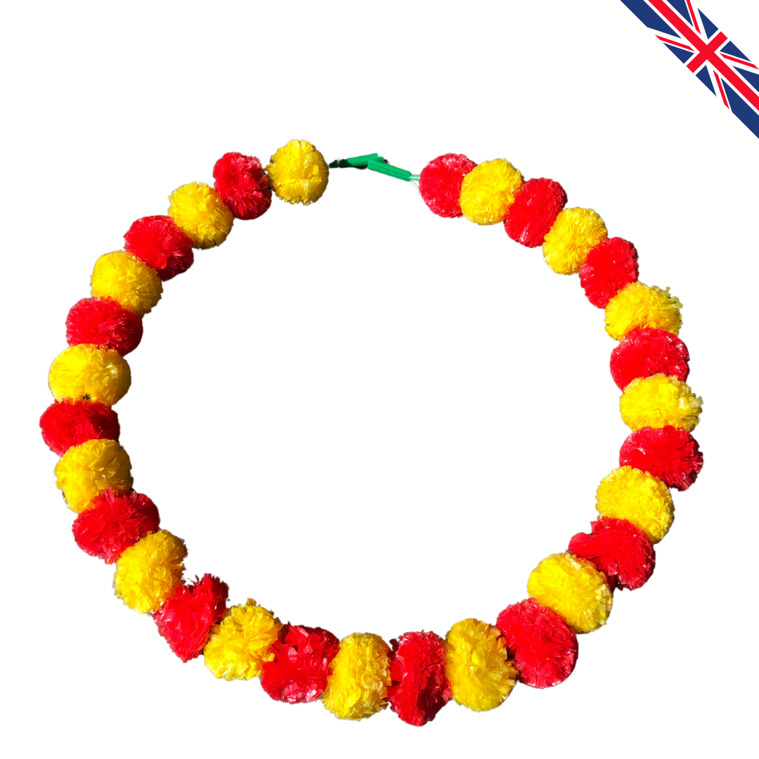 Red & Yellow Artificial Marigold Flower Garlands – 5 Pack (5ft) | Dual Colour Indian & Pakistani Wedding, Haldi, Mehndi, Dholki, Sangeet & Festival Hanging Décor