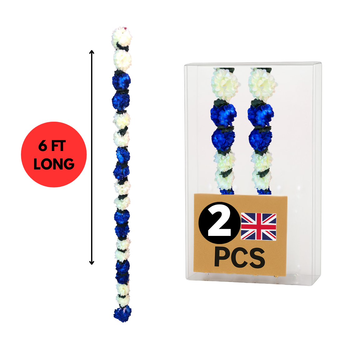 Royal Blue & Off-White Artificial Flowers Deluxe Garlands MX002 – 2 Pack (6ft) | Indian & Pakistani Wedding, Haldi, Mehndi, Dholki, Sangeet & Festival Hanging Décor