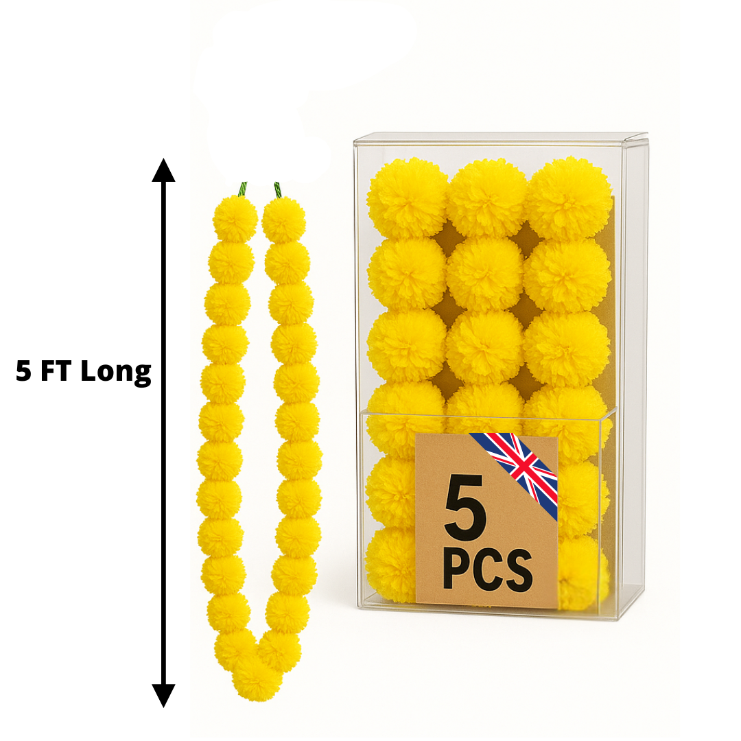Yellow Artificial Marigold Flower Garlands – 5 Pack (5ft) | Indian & Pakistani Wedding, Haldi, Mehndi, Dholki, Sangeet & Festival Hanging Décor