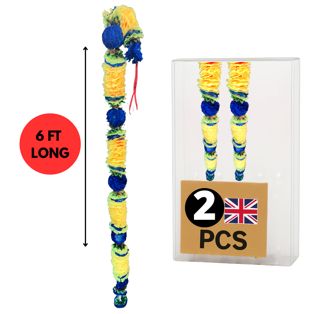 Yellow & Blue Artificial Flowers Deluxe Garlands MX015 – 2 Pack (6ft) | Indian & Pakistani Wedding, Haldi, Mehndi, Dholki, Sangeet & Festival Hanging Décor
