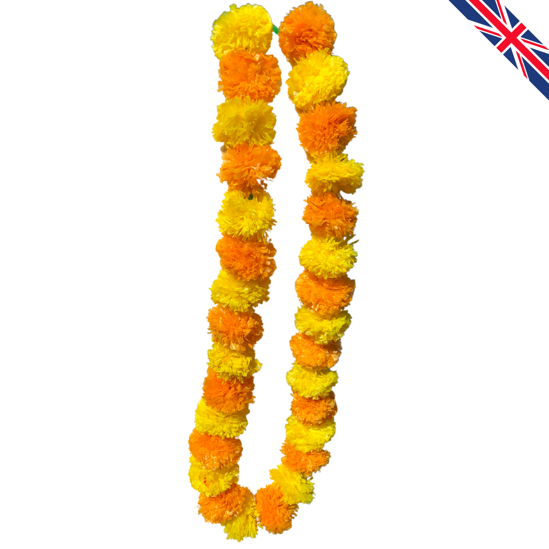 Yellow & Orange Artificial Marigold Flower Garlands – 5 Pack (5ft) | Dual Colour Indian & Pakistani Wedding, Haldi, Mehndi, Dholki, Sangeet & Festival Hanging Décor