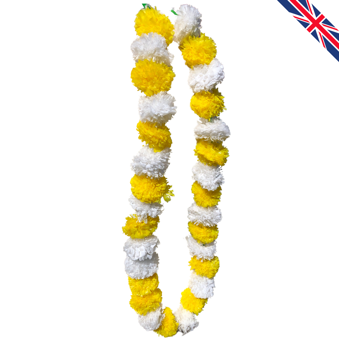 Yellow & White Artificial Marigold Flower Garlands – 5 Pack (5ft) | Dual Colour Indian & Pakistani Wedding, Haldi, Mehndi, Dholki, Sangeet & Festival Hanging Décor