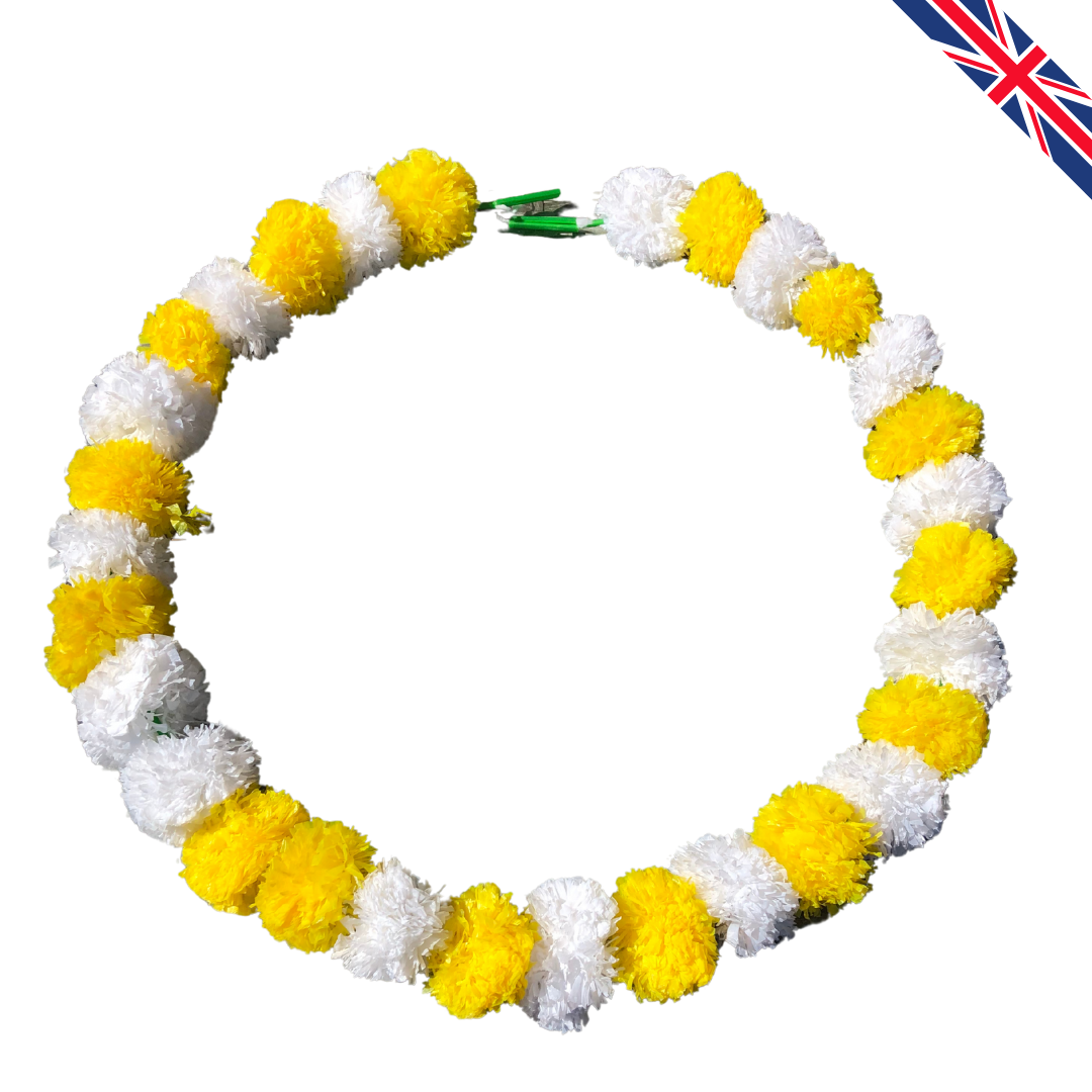 Yellow & White Artificial Marigold Flower Garlands – 5 Pack (5ft) | Dual Colour Indian & Pakistani Wedding, Haldi, Mehndi, Dholki, Sangeet & Festival Hanging Décor