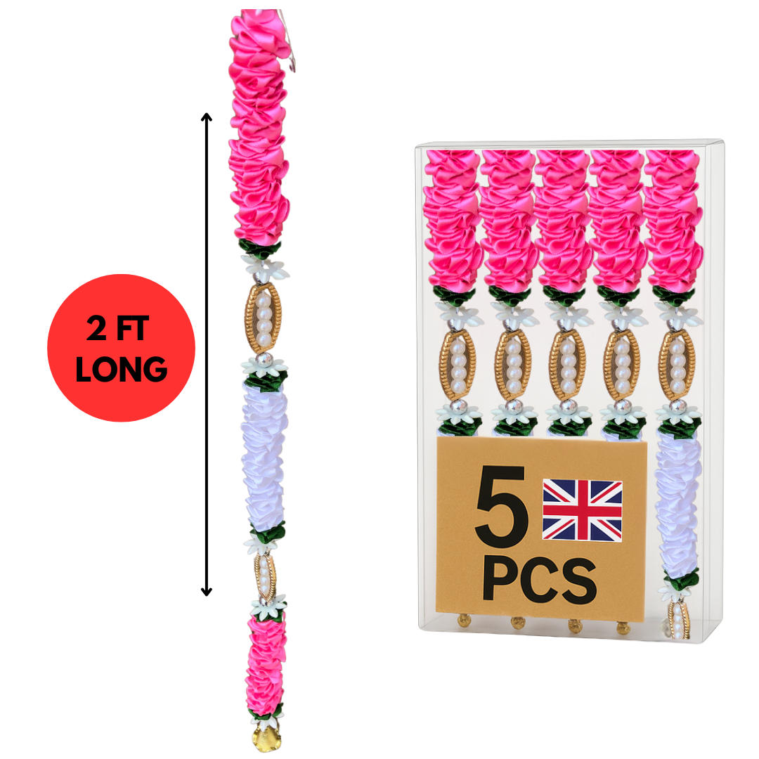 Pink Satin Ribbon Garland TSP2 - Small Artificial Garlands - 5 Pack (2ft) | Indian & Pakistani Wedding, Haldi, Mehndi, Dholki, Sangeet & Festival Hanging Décor