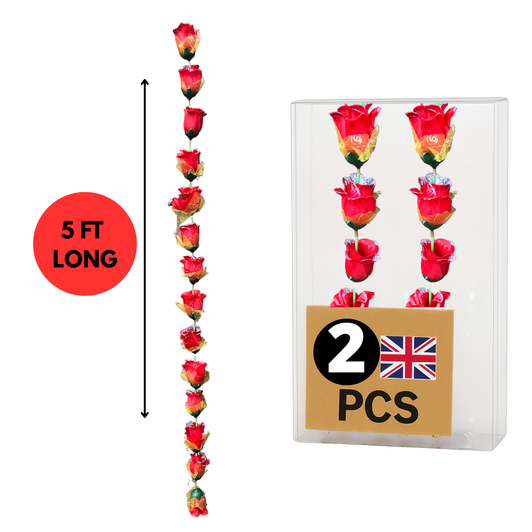 Red Glow Artificial Rose Flower Garlands R003 – 2 Pack (5ft) | Indian & Pakistani Wedding, Haldi, Mehndi, Dholki, Sangeet & Festival Hanging Décor