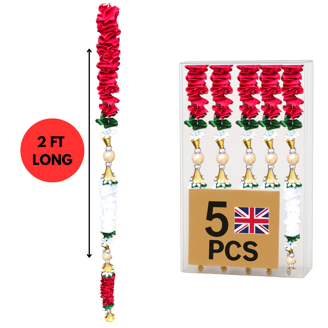 Red & White Satin Ribbon Garland TSRW2 - Small Artificial Garlands - 5 Pack (2ft) | Indian & Pakistani Wedding, Haldi, Mehndi, Dholki, Sangeet & Festival Hanging Décor