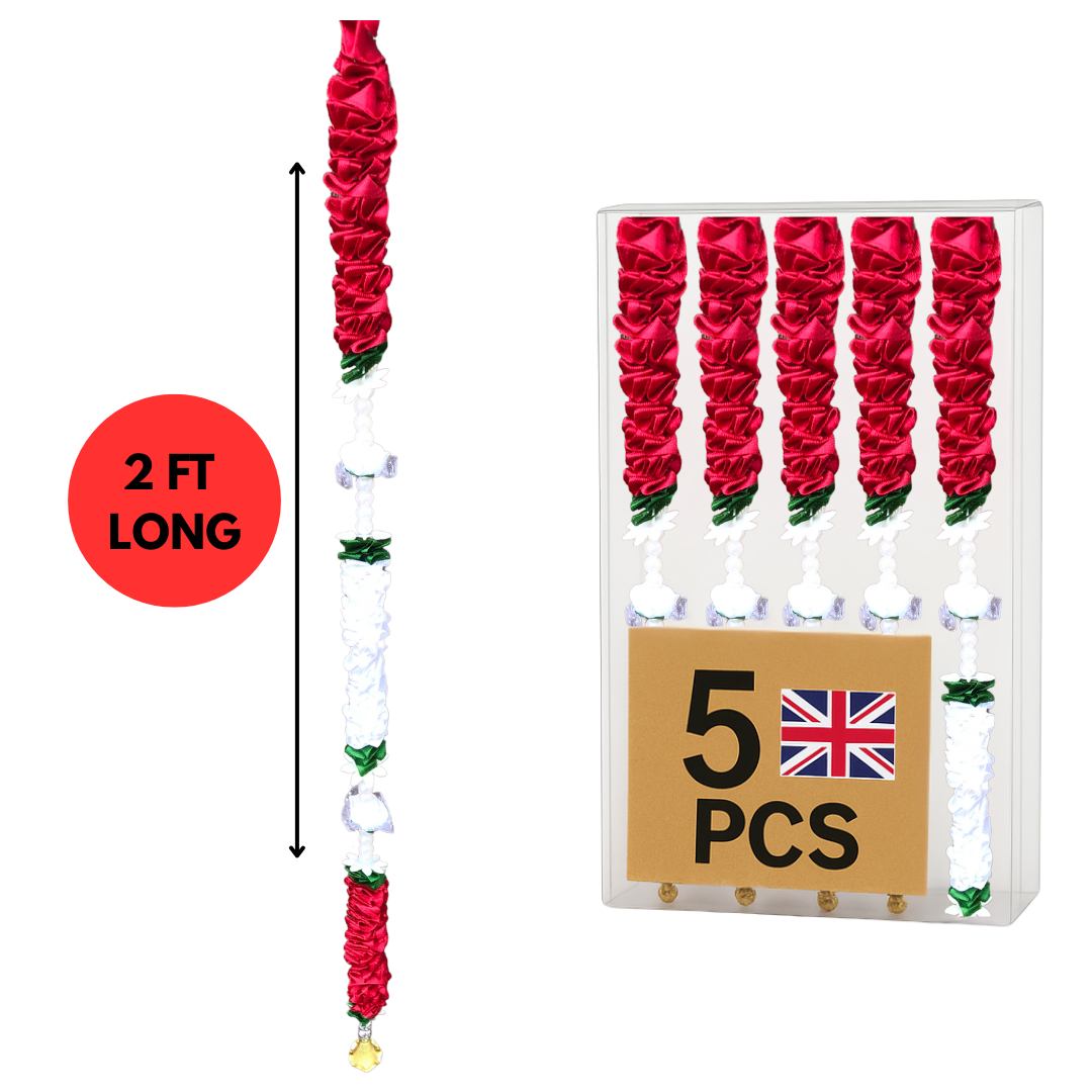 Red & White Satin Ribbon Garland TSRW4 - Small Artificial Garlands - 5 Pack (2ft) | Indian & Pakistani Wedding, Haldi, Mehndi, Dholki, Sangeet & Festival Hanging Décor