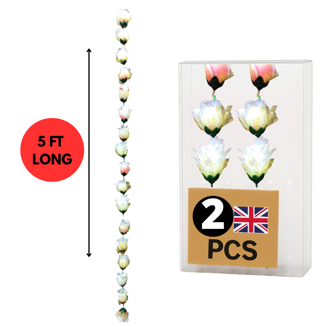 White Mix Artificial Rose Flower Garlands R007 – 2 Pack (5ft) | Indian & Pakistani Wedding, Haldi, Mehndi, Dholki, Sangeet & Festival Hanging Décor