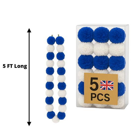 Blue & White Artificial Marigold Flower Garlands – 5 Pack (5ft) | Dual Colour Indian & Pakistani Wedding, Haldi, Mehndi, Sangeet & Festival Décor