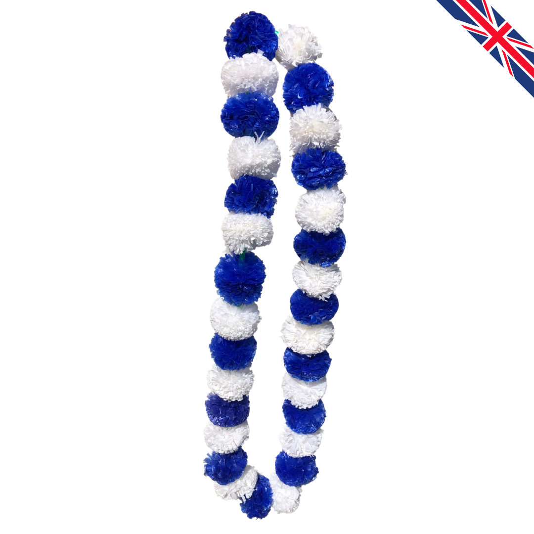 Blue & White Artificial Marigold Flower Garlands – 5 Pack (5ft) | Dual Colour Indian & Pakistani Wedding, Haldi, Mehndi, Dholki, Sangeet & Festival Hanging Décor