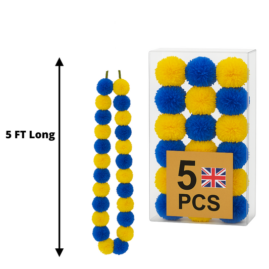 Blue & Yellow Artificial Marigold Flower Garlands – 5 Pack (5ft) | Dual Colour Indian & Pakistani Wedding, Haldi, Mehndi, Sangeet & Festival Décor