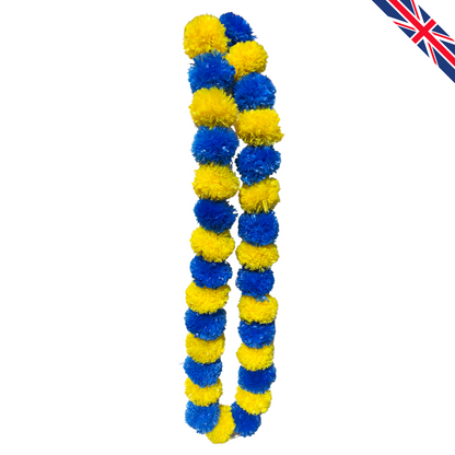 Blue & Yellow Artificial Marigold Flower Garlands – 5 Pack (5ft) | Dual Colour Indian & Pakistani Wedding, Haldi, Mehndi, Sangeet & Festival Décor