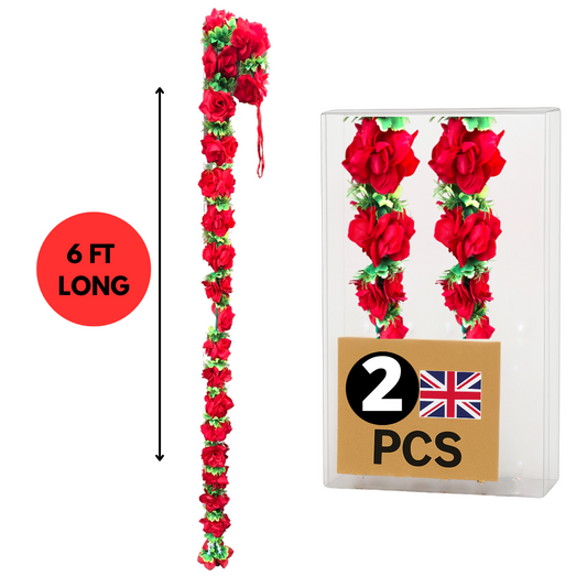 Fluffy Red Artificial Rose Flower Garlands R011 – 2 Pack (6ft) | Indian & Pakistani Wedding, Haldi, Mehndi, Dholki, Sangeet & Festival Hanging Décor