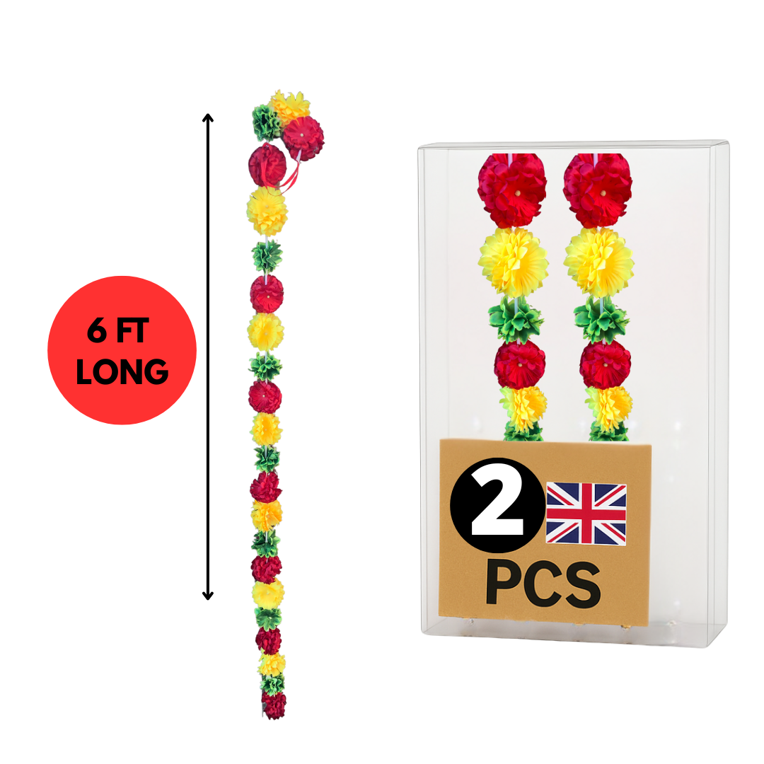 Red & Marigold Yellow Artificial Flowers Deluxe Garlands MX003 – 2 Pack (6ft) | Indian & Pakistani Wedding, Haldi, Mehndi, Dholki, Sangeet & Festival Hanging Décor