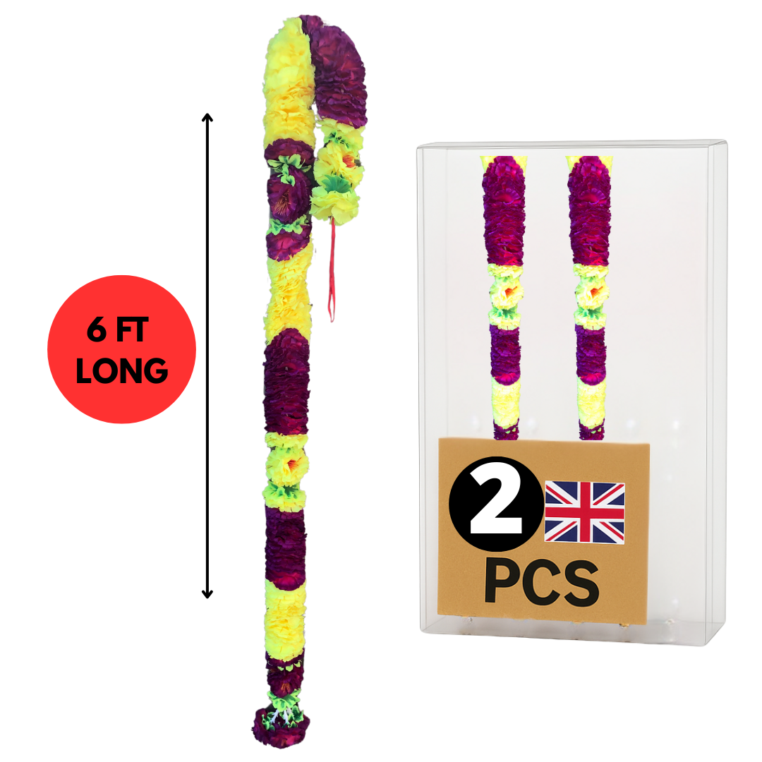 Yellow & Burgundy Fluffy Artificial Flowers Deluxe Garlands MX011 – 2 Pack (6ft) | Indian & Pakistani Wedding, Haldi, Mehndi, Dholki, Sangeet & Festival Hanging Décor