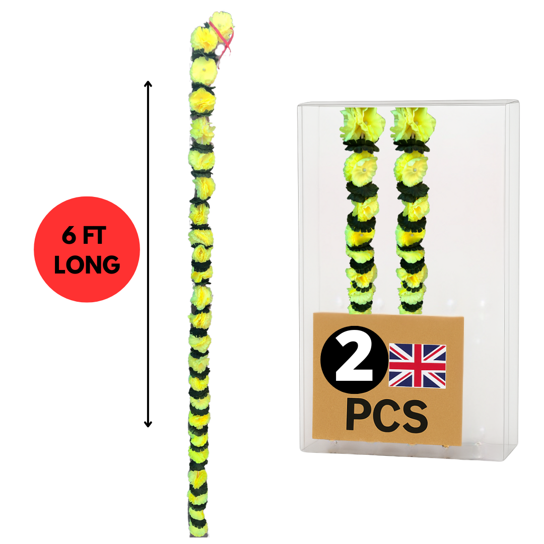 Yellow & Green Artificial Flowers Deluxe Garlands MX014 – 2 Pack (6ft) | Indian & Pakistani Wedding, Haldi, Mehndi, Dholki, Sangeet & Festival Hanging Décor