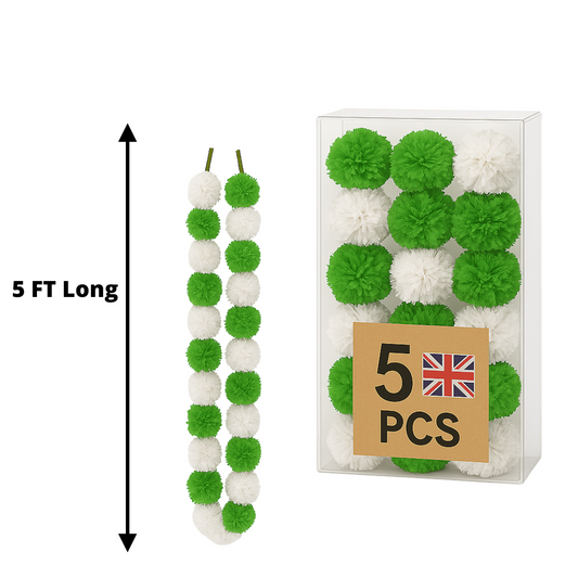Green & White Artificial Marigold Flower Garlands – 5 Pack (5ft) | Dual Colour Indian & Pakistani Wedding, Haldi, Mehndi, Sangeet & Festival Décor