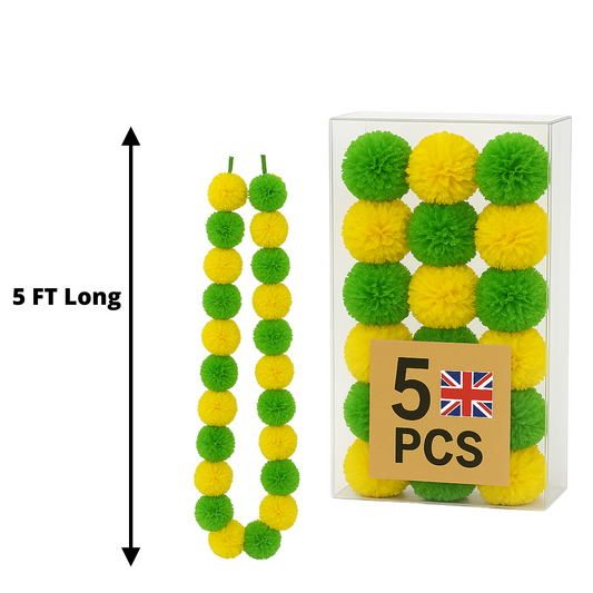 Green & Yellow Artificial Marigold Flower Garlands – 5 Pack (5ft) | Dual Colour Indian & Pakistani Wedding, Haldi, Mehndi, Sangeet & Festival Décor