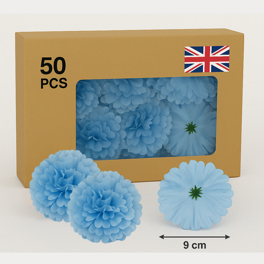 Light Blue Artificial Silk Flower Heads – 50 Pcs (9 cm)