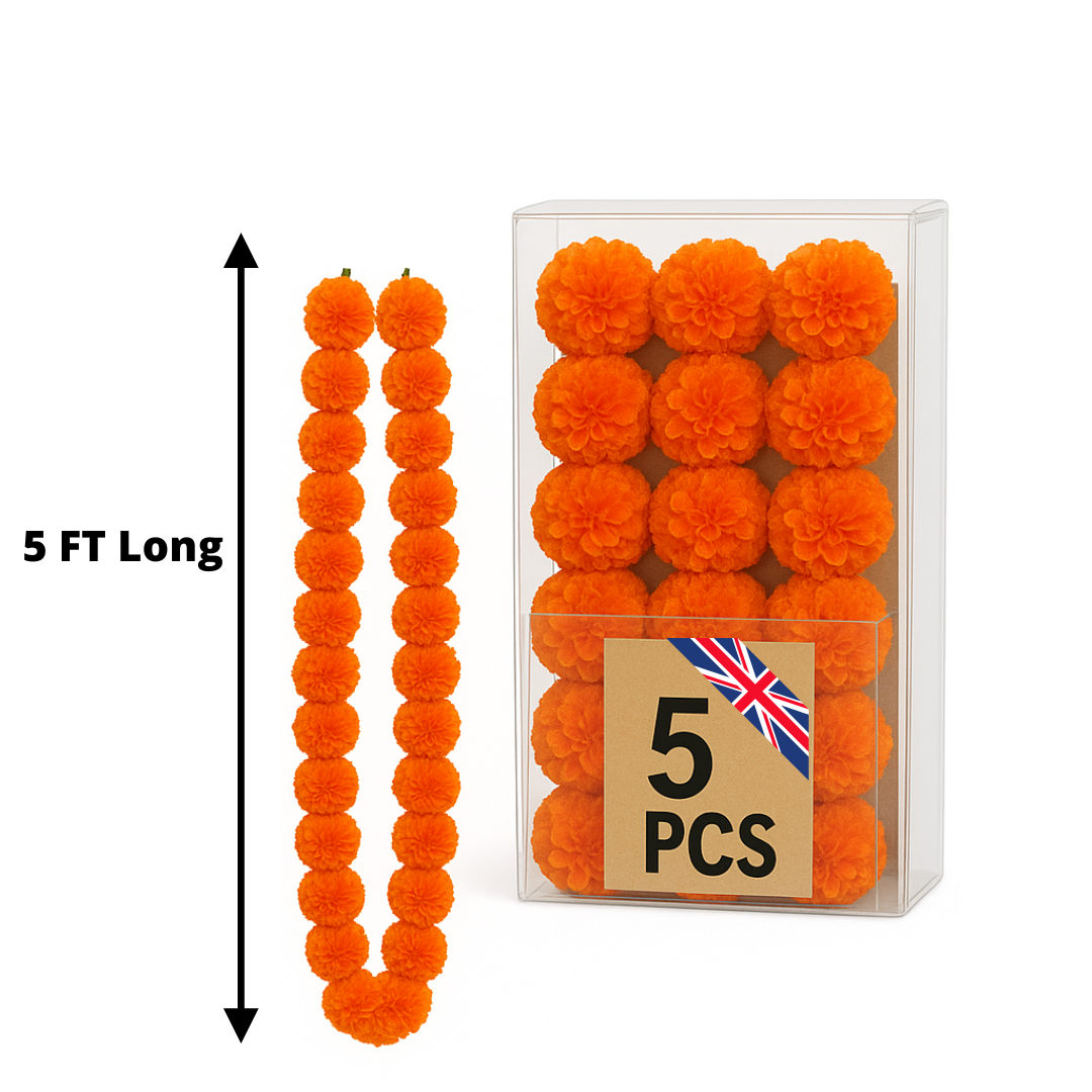 Mango Artificial Marigold Flower Garlands – 5 Pack (5ft) | Indian & Pakistani Wedding, Haldi, Mehndi, Sangeet & Festival Décor