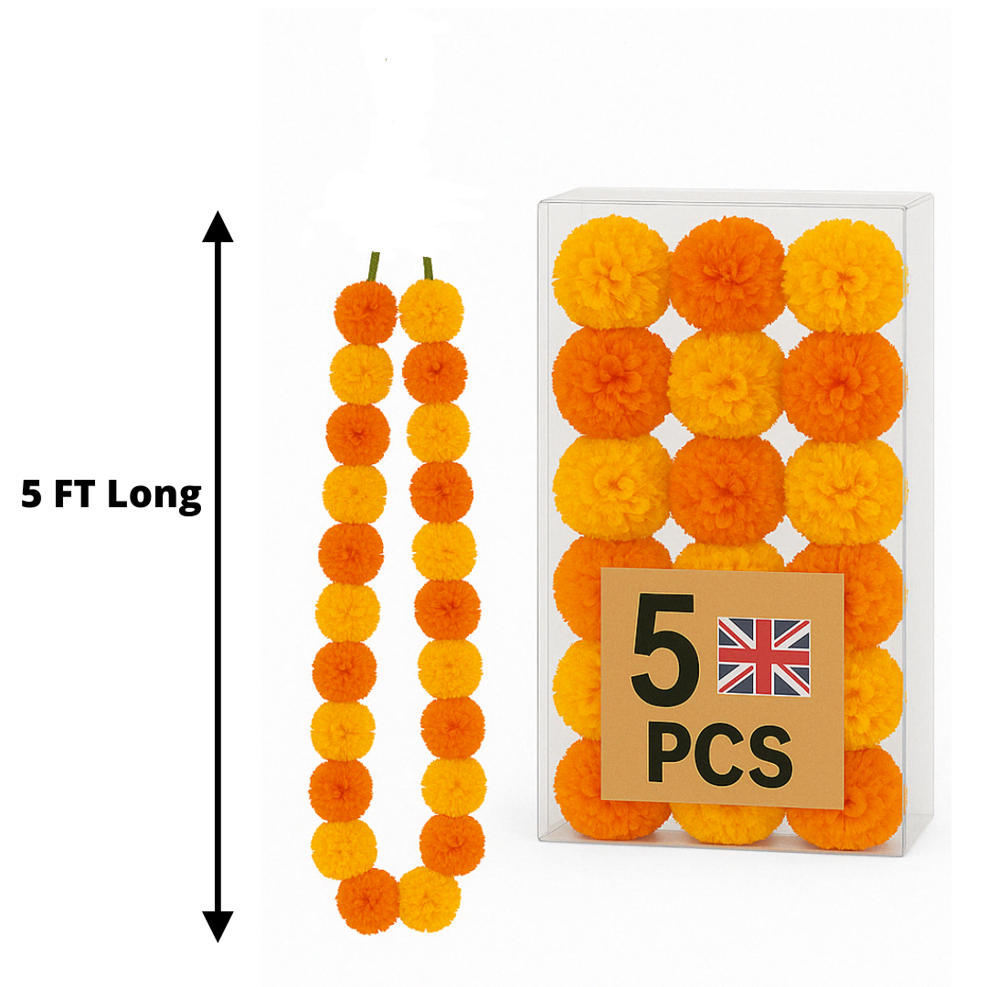 Mango & Orange Artificial Marigold Flower Garlands – 5 Pack (5ft) | Dual Colour Indian & Pakistani Wedding, Pooja, Haldi, Mehndi & Festival Décor