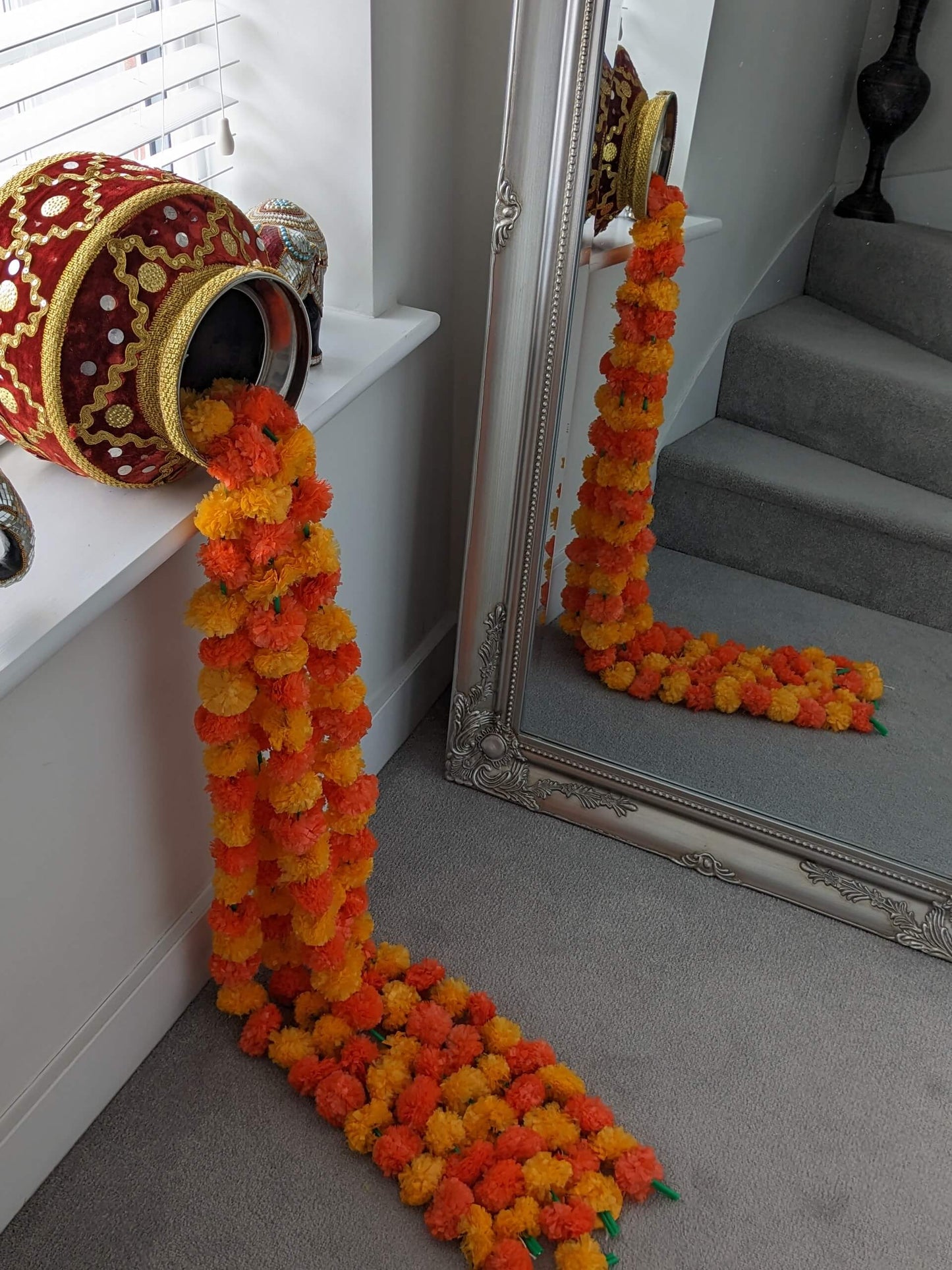 Mango & Orange Artificial Marigold Flower Garlands – 5 Pack (5ft) | Dual Colour Indian & Pakistani Wedding, Pooja, Haldi, Mehndi & Festival Décor