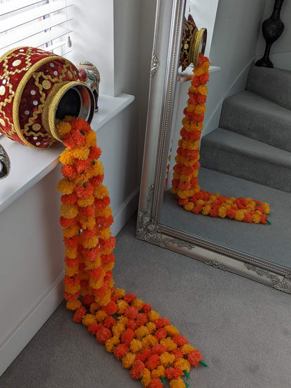 Mango & Orange Artificial Marigold Flower Garlands – 5 Pack (5ft) | Dual Colour Indian & Pakistani Wedding, Pooja, Haldi, Mehndi & Festival Décor
