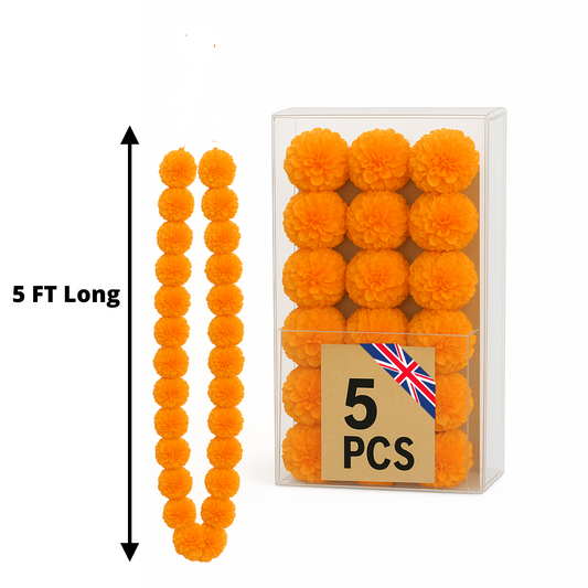 Orange Artificial Marigold Flower Garlands – 5 Pack (5ft) | Indian & Pakistani Wedding, Haldi, Mehndi, Sangeet & Festival Décor