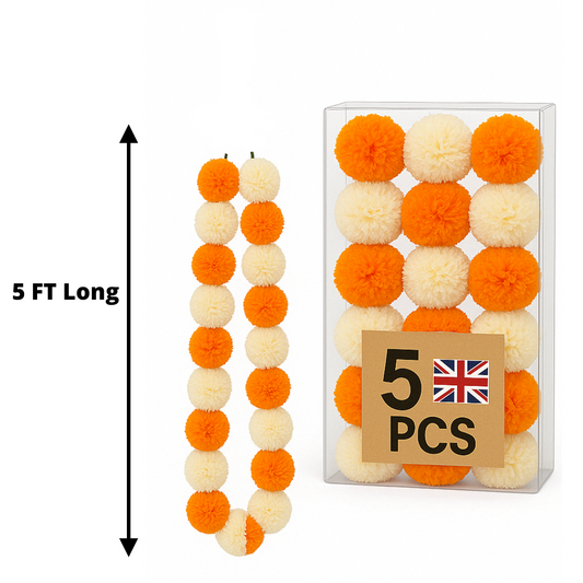 Orange & White Artificial Marigold Flower Garlands – 5 Pack (5ft) | Dual Colour Indian & Pakistani Wedding, Haldi, Mehndi, Sangeet & Festival Décor