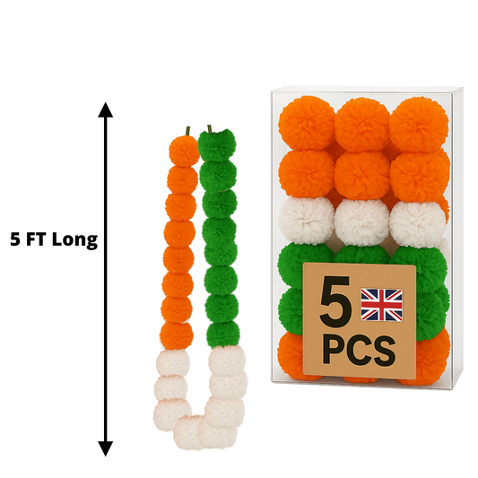 Orange & White and Green Artificial Marigold Flower Garlands – 5 Pack (5ft) | Triple Colour Indian & Pakistani Wedding, Haldi, Mehndi, Sangeet & Festival Décor