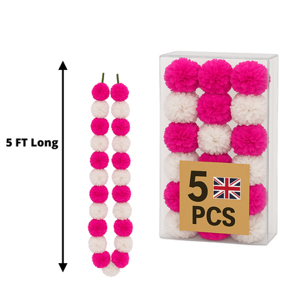 Pink & White Artificial Marigold Flower Garlands – 5 Pack (5ft) | Dual Colour Indian & Pakistani Wedding, Mehndi, Sangeet, Pooja & Festival Décor