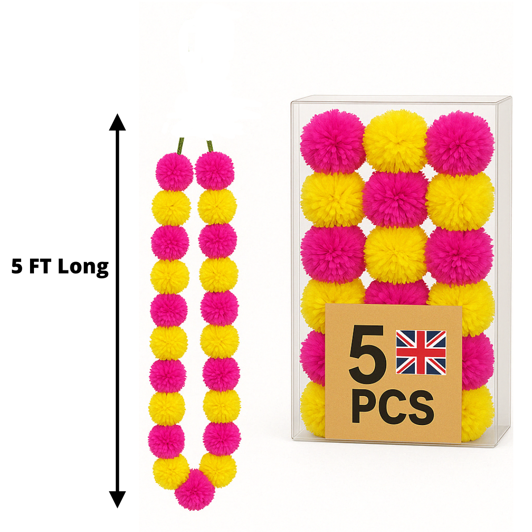 Pink & Yellow Artificial Marigold Flower Garlands – 5 Pack (5ft) | Dual Colour Indian & Pakistani Wedding, Mehndi, Haldi, Baby Shower & Festival Décor