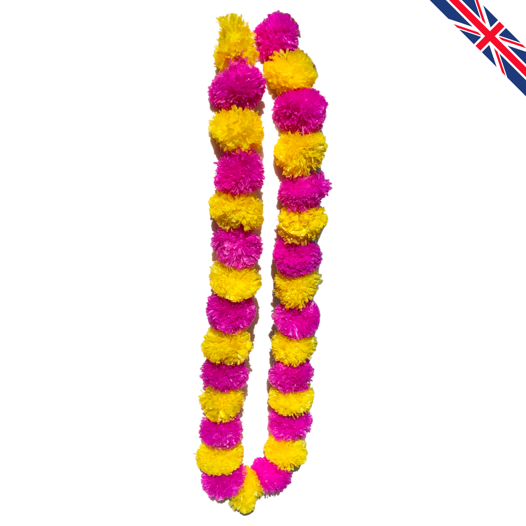 Pink & Yellow Artificial Marigold Flower Garlands – 5 Pack (5ft) | Dual Colour Indian & Pakistani Wedding, Mehndi, Haldi, Baby Shower & Festival Décor