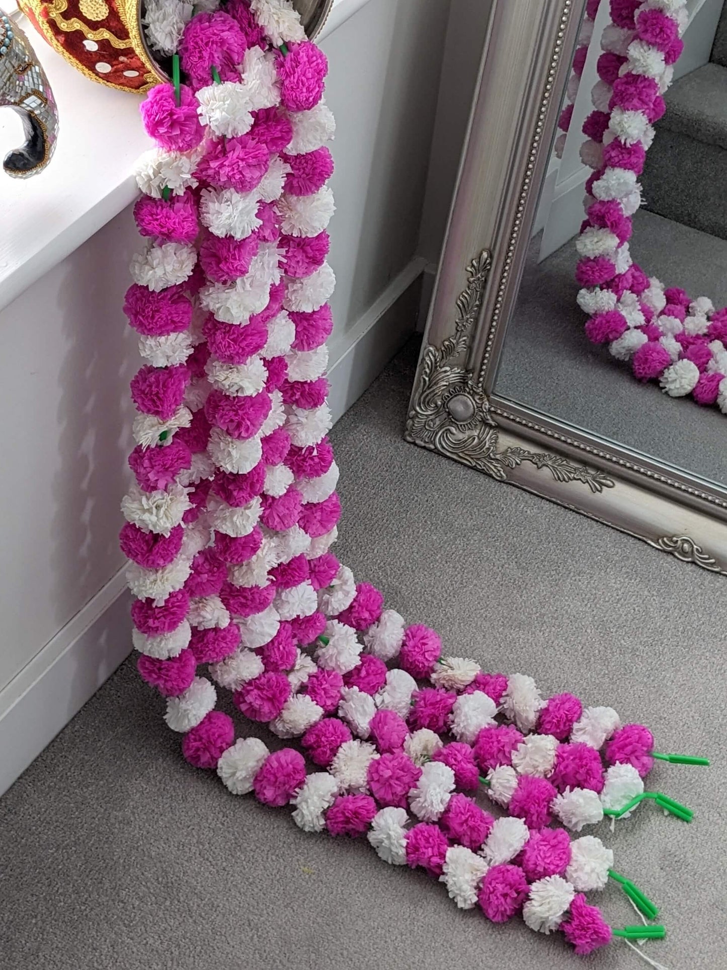 Pink & White Artificial Marigold Flower Garlands – 5 Pack (5ft) | Dual Colour Indian & Pakistani Wedding, Mehndi, Sangeet, Pooja & Festival Décor